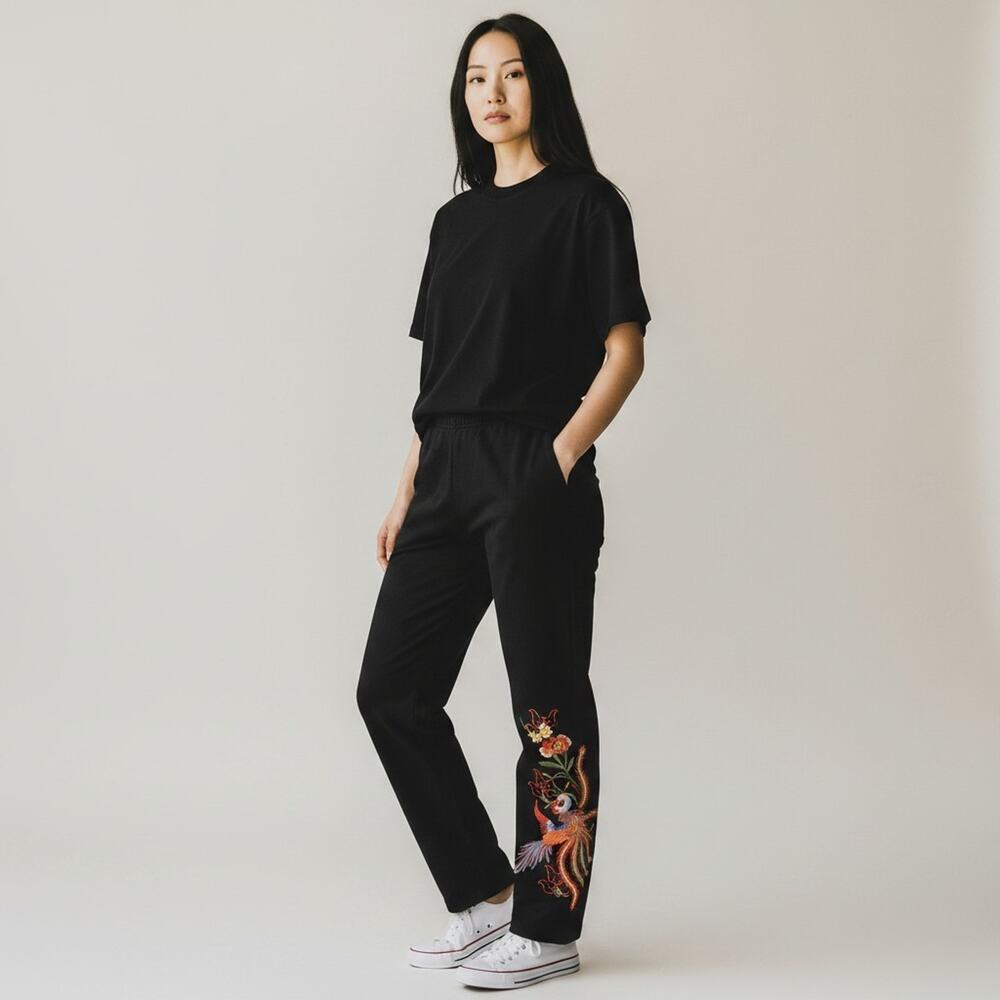 Floriana Black Pull On Pants XL Embellished Embroidered Cotton Stretch